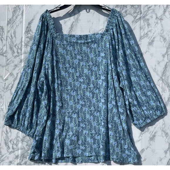 Style & Co Womens 3X Blue Floral Boho Peasant Top 3/4 Sleeves Square Neckline - Picture 1 of 7